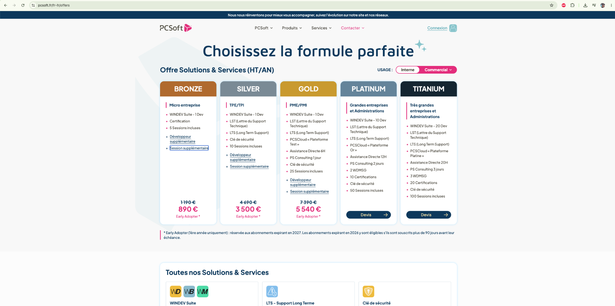 Capture de la page tarifaire PC SOFT présentant les offres Bronze, Silver, Gold, Platinum et Titanium avec leurs sessions incluses