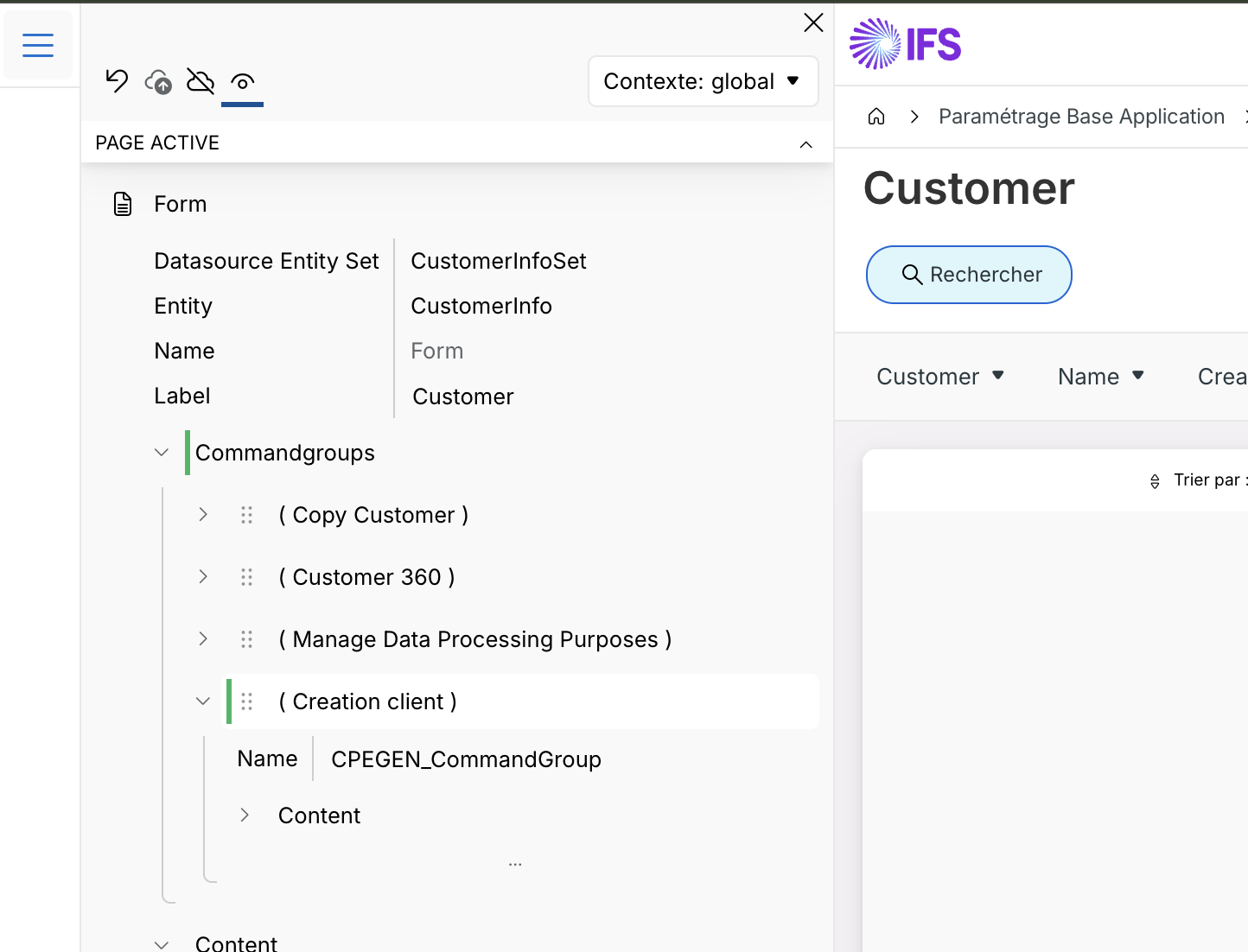 Écran IFS Cloud utilisé pour configurer ou explorer les objets techniques