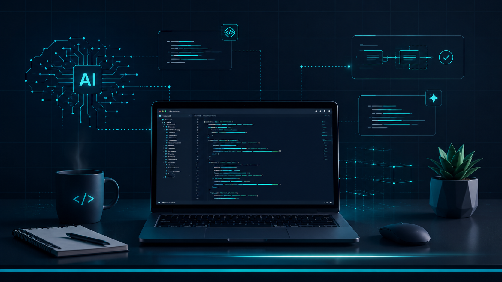 Poste de développement illustrant la collaboration entre un développeur et une intelligence artificielle