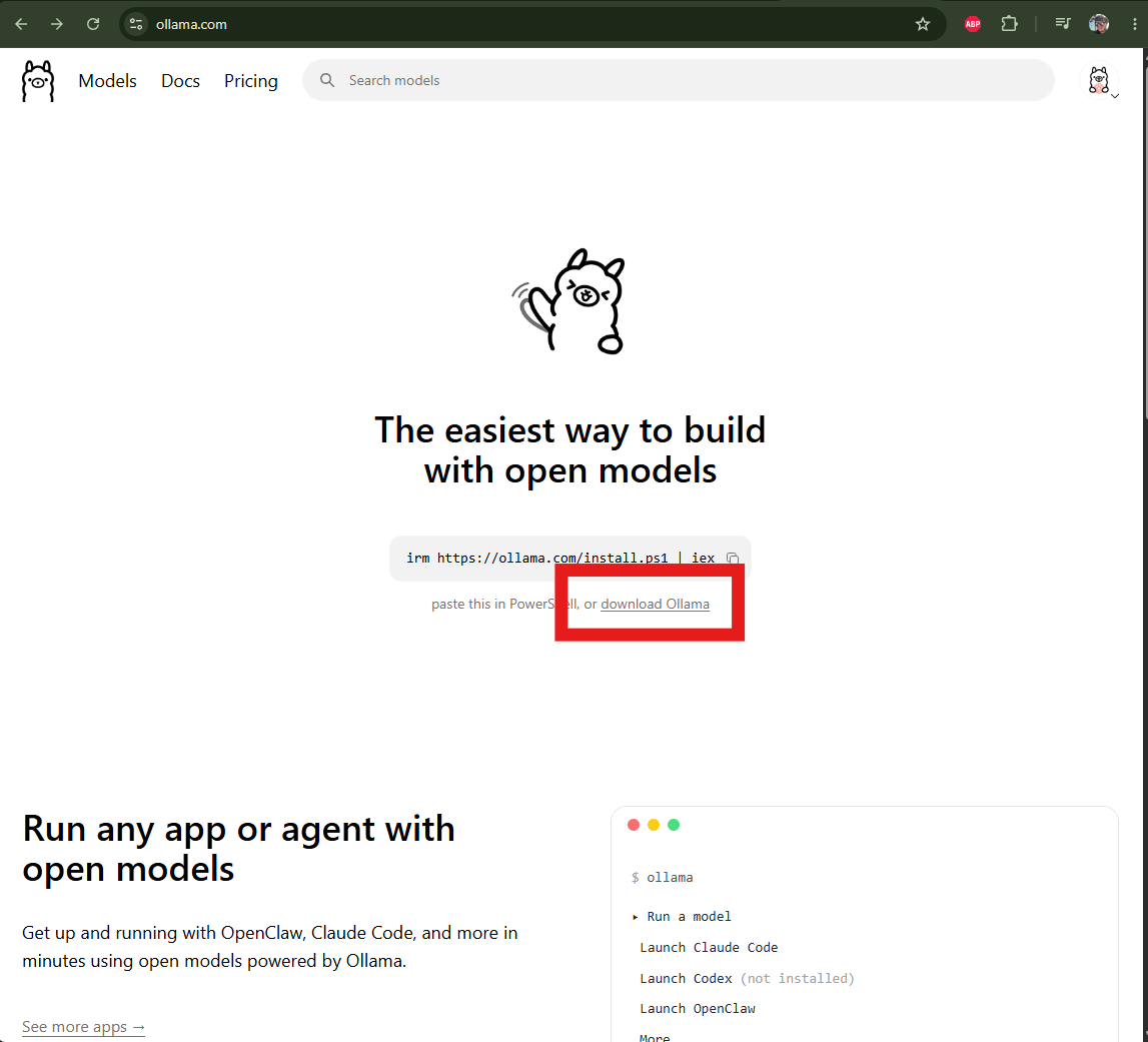 Ollama home page showing the Download button