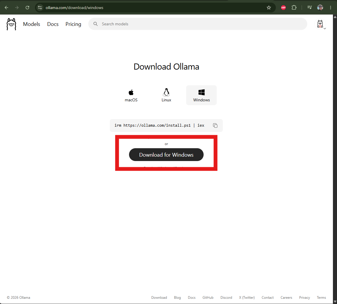 Ollama download page with the Windows option selected