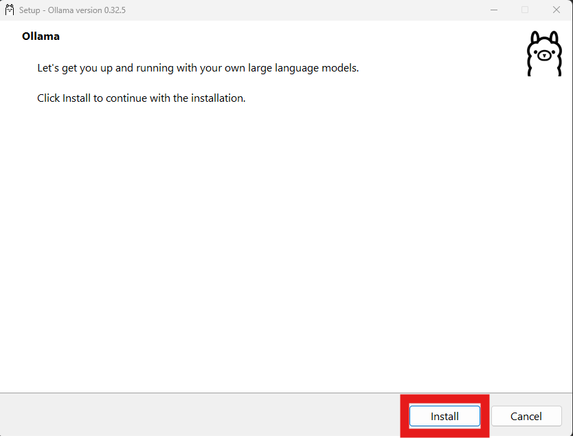 Ollama installer window showing the Install button