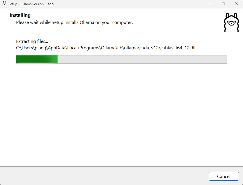 Ollama installation progress screen