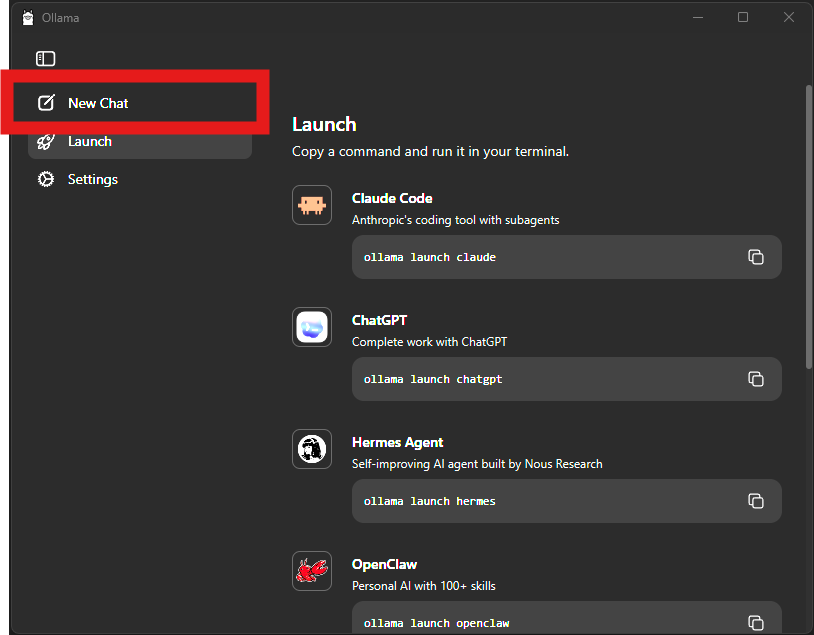 Ollama application home screen showing the New Chat button