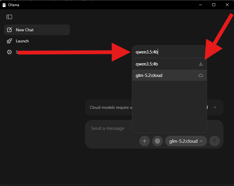 Ollama model search showing qwen3.5:4b and the download icon
