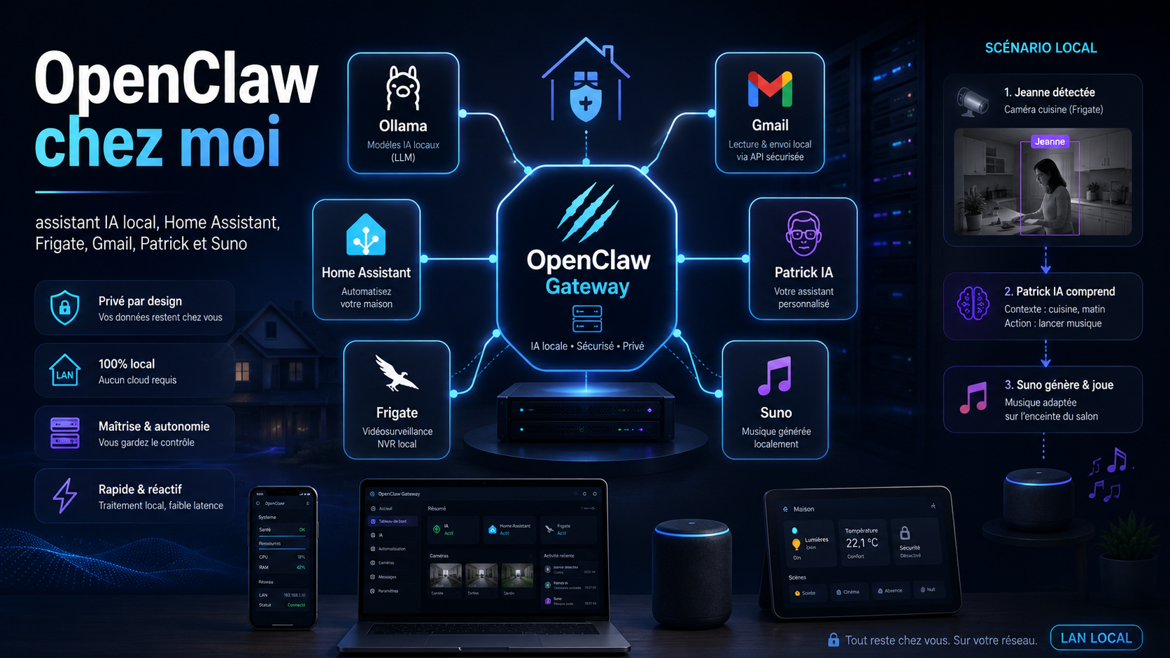 Architecture OpenClaw locale avec Ollama, Home Assistant, Frigate, Gmail, Patrick IA et génération musicale Suno