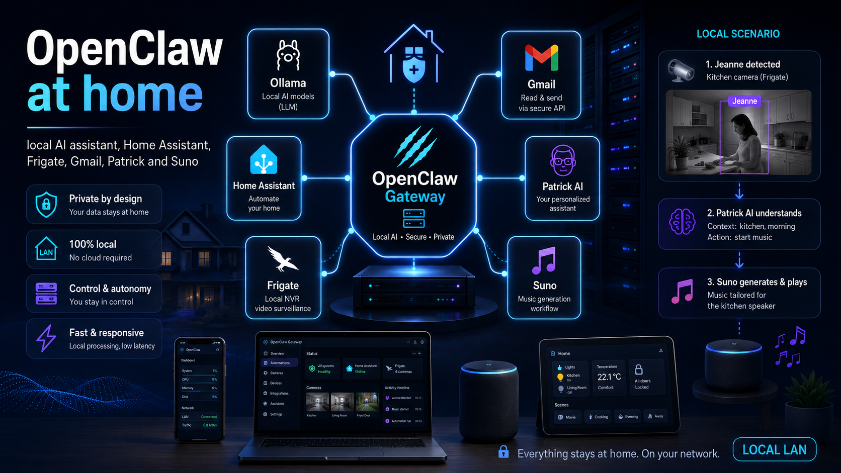 Local OpenClaw architecture connecting Ollama, Home Assistant, Frigate, Gmail, Patrick AI and Suno music generation