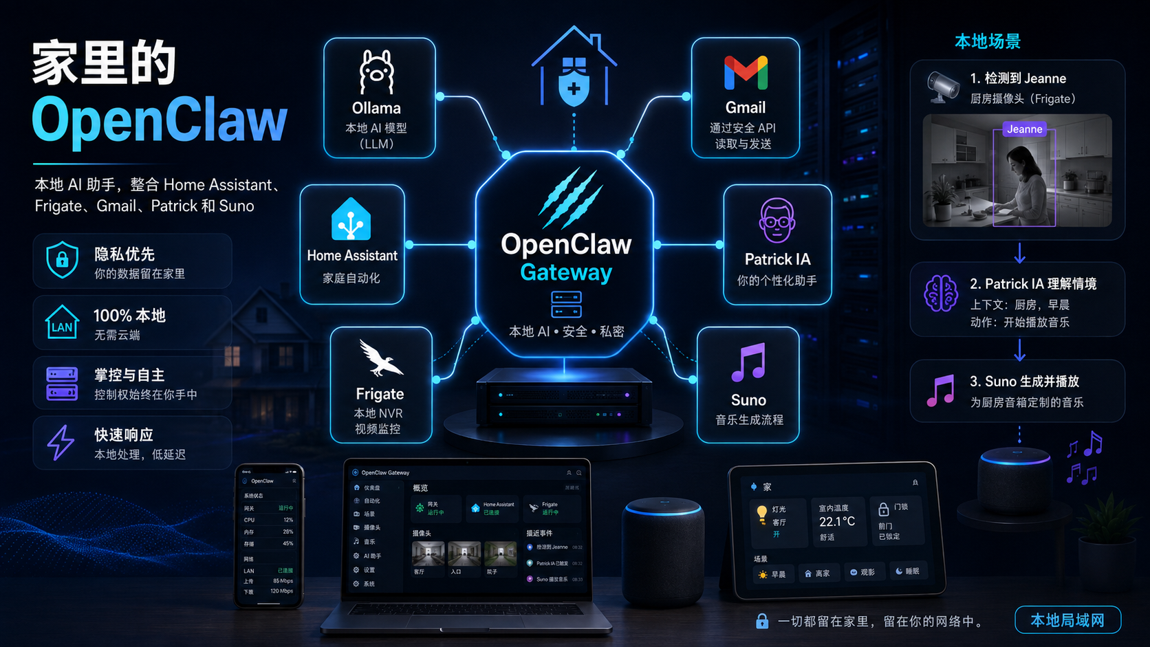 连接 Ollama、Home Assistant、Frigate、Gmail、Patrick IA 和 Suno 音乐生成的本地 OpenClaw 架构