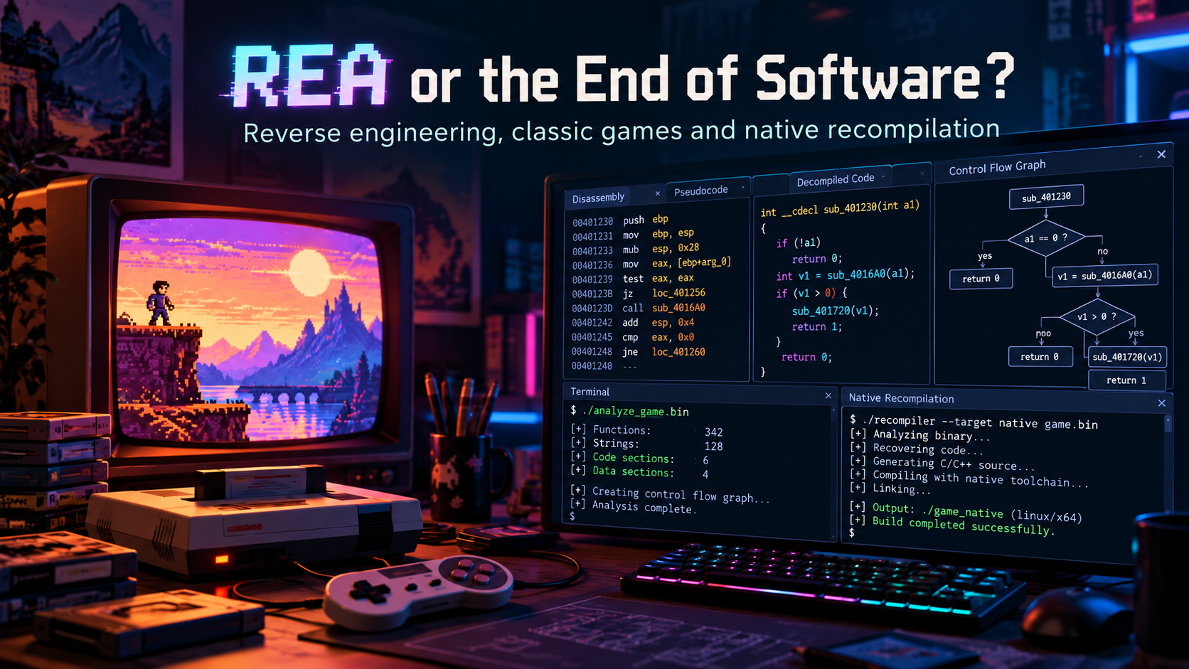 An old executable analysed with REA and an AI agent, followed by a reconstructed implementation compiled for modern platforms