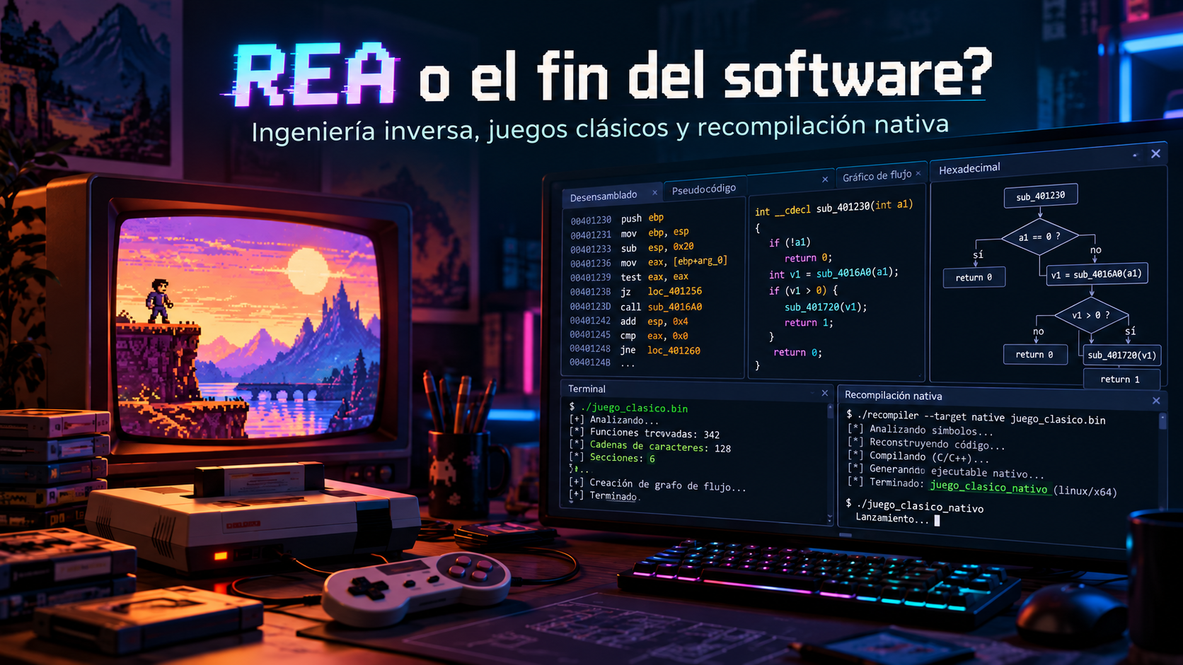 Un ejecutable antiguo analizado con REA y un agente de IA, seguido de una implementación reconstruida y compilada para plataformas modernas